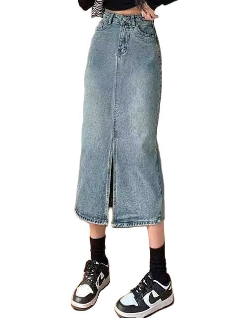 High Waist Slit Denim Skirt