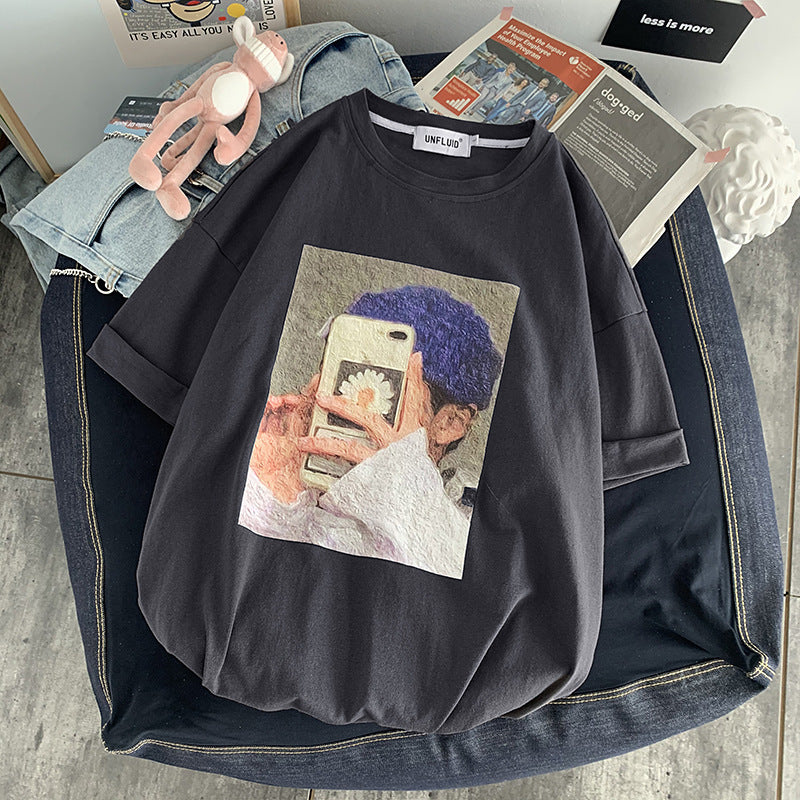 Loose Vintage Print Wide Sleeve T-Shirt