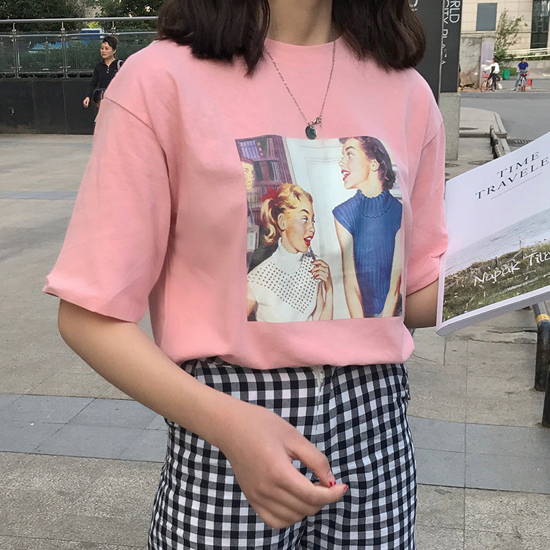 Vintage Print Korean Style T-shirt