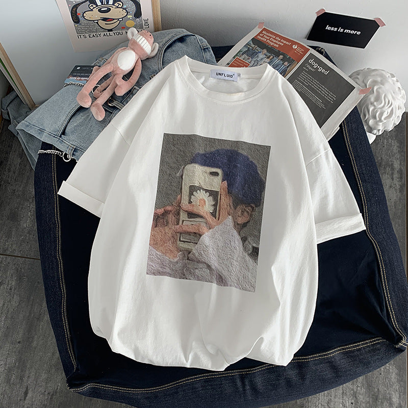 Loose Vintage Print Wide Sleeve T-Shirt