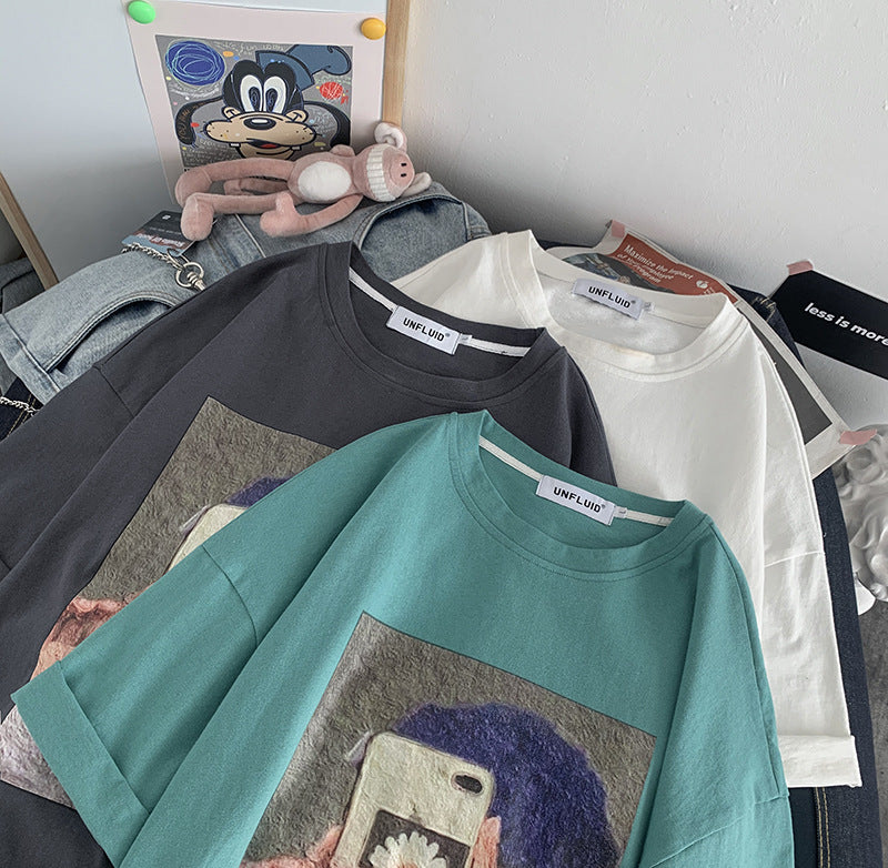 Loose Vintage Print Wide Sleeve T-Shirt