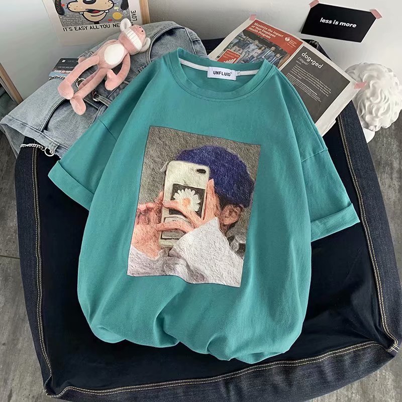 Loose Vintage Print Wide Sleeve T-Shirt