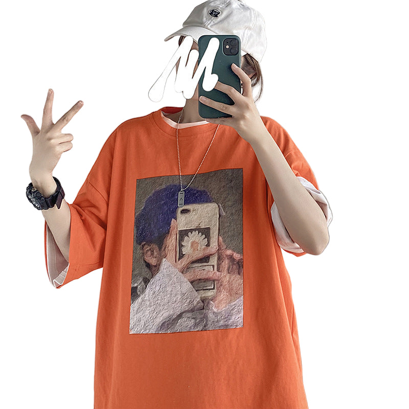 Loose Vintage Print Wide Sleeve T-Shirt